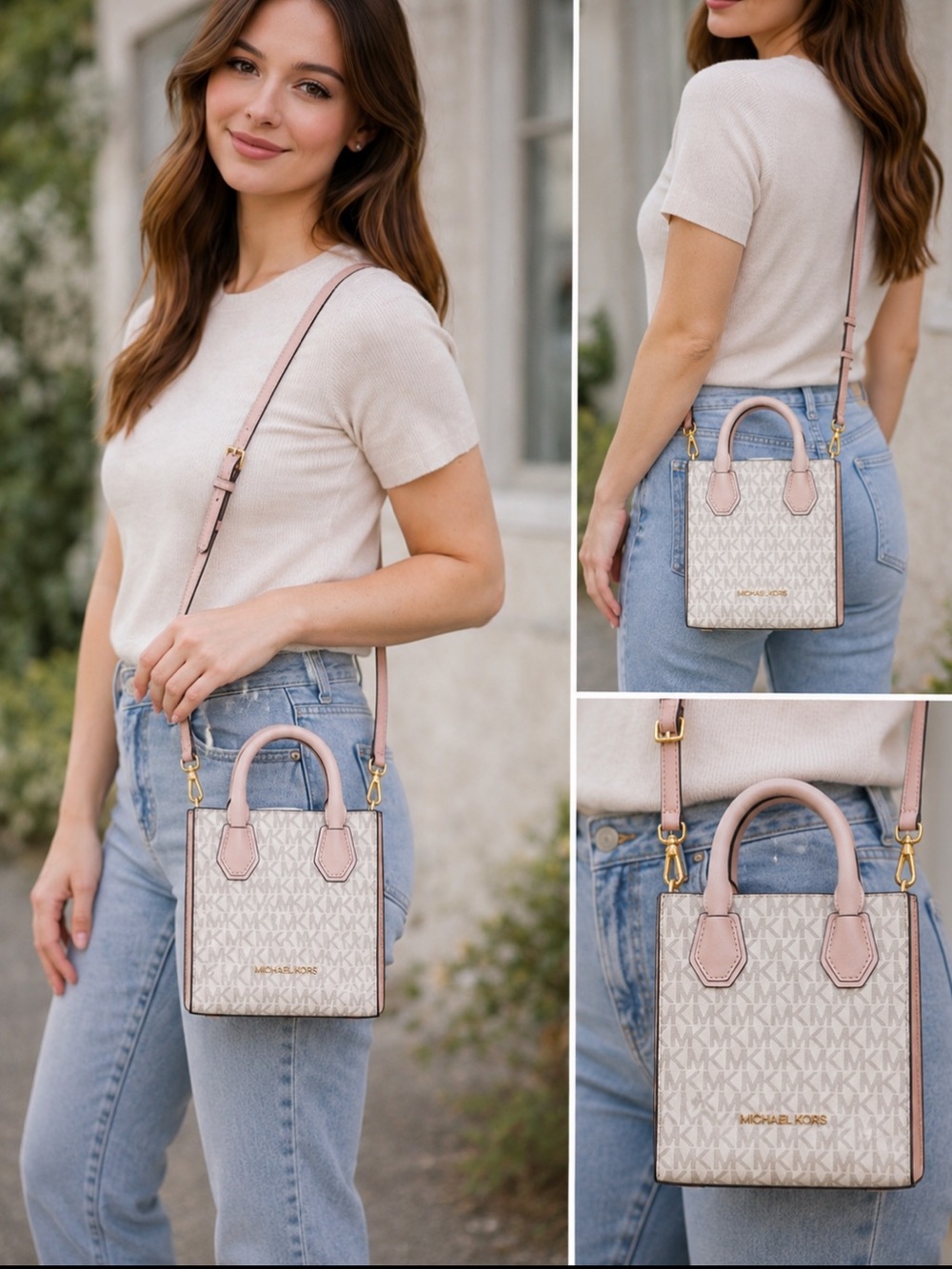 NWT Michael Kors Mercer XS Shopper Crossbody Bag Cream Blush Pink Logo